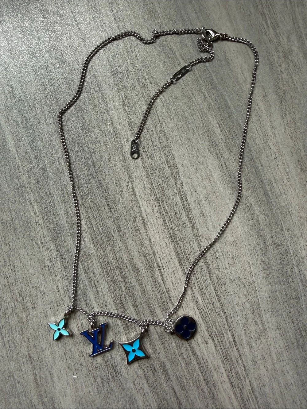 Louis Vuitton Silver Necklace with Blue and Turquoise Charms